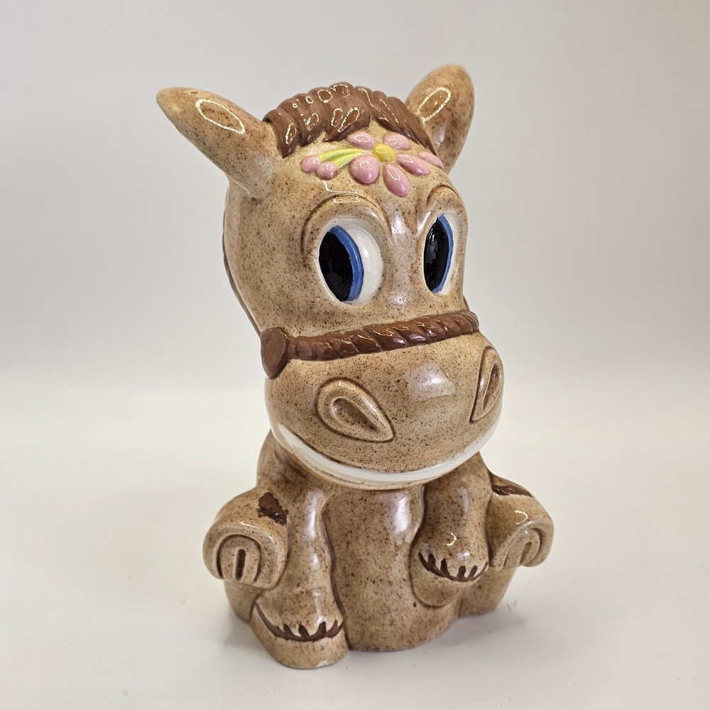 Vintage 70s Ceramic Donkey Figurine Speckled Tan Flower Crown 5" Kitsch